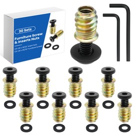 MILYARD 30 Sets 1/4-20 Threaded Insert and Bolt for Wood, 1/4-20 x 25/32" Furniture Screw, 1/4-20 x 19/32" Screw-in Nuts Bolt Fastener Connector Hex Socket Drive with Hex Spanner and Washers