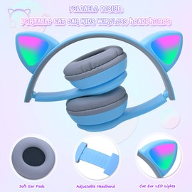 arVin Wireless Kids Headphones, Bluetooth Kids Headset Over Ear with Microphone, Cat Ear LED Light Foldable Child Earphones for Girls Boys Gift Age 7+ (Blue)