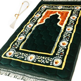 YAZEIN Prayer Rug Muslim Mat Islamic - Padded Very Thick Prayer Rug Sajadah for Men Women with Islam Prayer Beads, Soft and Luxury (31.5" x 47.2", Green)