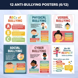 Decorably 12 Anti Bullying Posters for Classroom, 11x14in Matte-Laminated Educational Anti Bully Middle School Poster