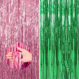Wizard Birthday Decorations, Party Decorations, 2 PCS 3.28 x 8.2Ft Tinsel Curtain With Pink Curtains and Green Curtains, Green and Pink Glitter Streamer Backdrop Party Decor for Theme Party Supplies