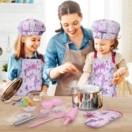 Anpro Kids Cooking Baking Set Role-Plays Playset - 28PCS with Apron, Chef Hat, Glove for Girls, Chef Dress Up Kitchen Costume Role Play Utensils Gift for 3-7 Years Children