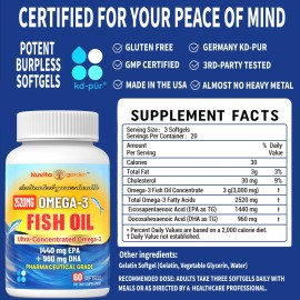 NUVITAGARDEN Extra Strength Burp Less Omega 3 Fish Oil Supplements 2520 mg, 60 Softgels