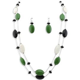 Firstmeet 2 Layer Acrylic Beads Long Statement Necklace With Earrings(XL-1086-green)
