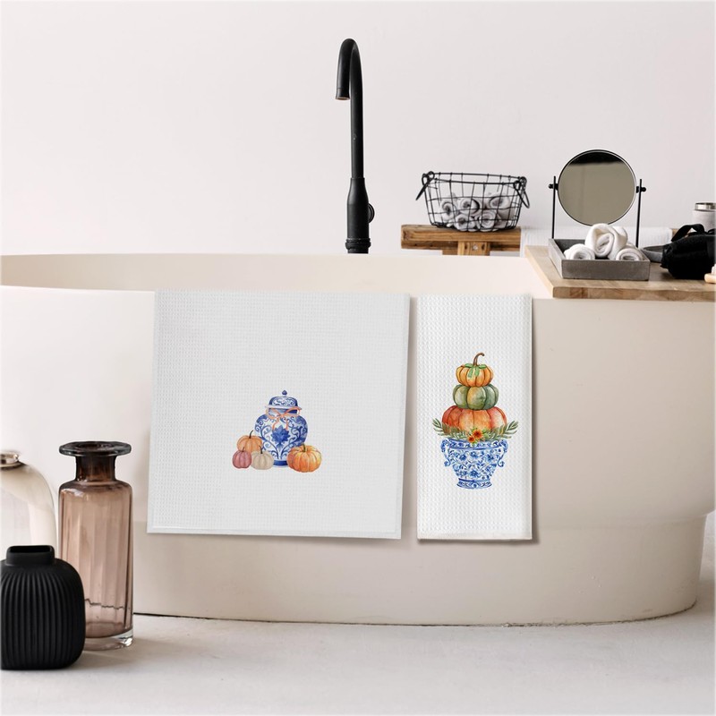 Elefeltclave Fall Chinoiserie Pumpkin Kitchen Towels, Blue and White Chinoiserie