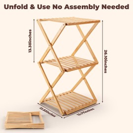 BAMHIGHS 3-Tier Bamboo Folding Shelf, Multi-Purpose Storage Rack for Shoes, Plants, Camping Gear, Entryway, Closet, Bedroom, Hallway & Outdoor Use, Space-Saving Foldable Organizer