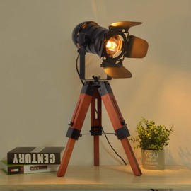 Decoluce Industrial Tripod Floor Table Lamp Vintage Wood Cinema Searchlight Standing Lighting Fixtures Nautical Spotlight Decorations-Not Include E26 Bulbs (Cinema)