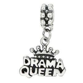 LGU Sterling Silver Oxidized Flat Drama Queen with Crown Dangle Bead Charm