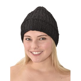 Hand Knitted 100% Merino Wool Snowboard Ski Himalayan Slouchy Beanie Polar Fleece Lined Woolen Stocking Cap Womens Winter Hat-Grey- Black