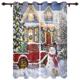 Libaoge Christmas Curtains Panels for Bedroom Happy Snowman Red Truck Load Xmas Tree Window Curtains for Kitchen Bathroom - Set of 2 Panels, 54" W by 39" L