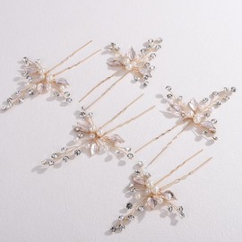 Lenjicons Dainty Crystal Pearls Hair Pin Leaf Rhinestone Hair Pins Wedding Hair Pins Handmade Leaf Rhinestone Hairpiece Bridal Hair Accessories for Women(5pcs) (gold)