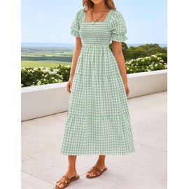 ZESICA Women's 2025 Bohemian Summer Plaid Square Neck Puff Sleeve Ruffle Flowy Beach Midi Dress,Green,Medium