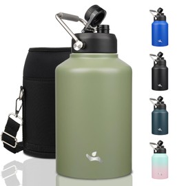 Konokyo 1 Gallon Jug with Handle,128 oz Insulated Water Bottle with Carrying Pouch, Double Wall Vacuum Stainless Steel Metal Bottle,Camp Green