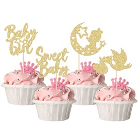 24 piezas de decoración para magdalenas para baby shower con purpurina, estrella de la luna, dulce bebé, revelación de género, para baby shower, niños, niñas, decoración de pasteles, suministros dorados