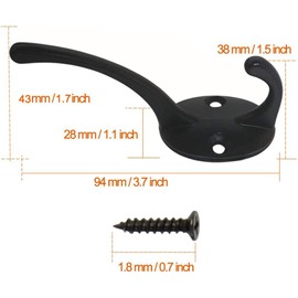 12 Pack Dual Coat Hooks Wall Mounted, Dual Prong Retro Double Utility Rustic Hooks with 24 Screws for Coat, Scarf, Bag, Towel, Key, Cap, Cup, Hat (Black)