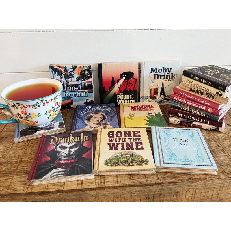 Solid Wood Book Shaped Coasters w/drinking puns