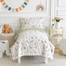 Joyreap 4 Piece Cotton Toddler Bedding Set for Girls, Flowers n Leaves Green Design, Soft Breathable Cotton Toddler Comforter Set, Includes Quilted Comforter, Fitted Sheet, Top Sheet, and Pillow Case