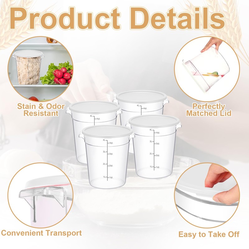Suclain 4 Pcs 4 Qt Food Storage Container Bucket with