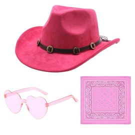 Amycute Pink Cowgirl Hat Cowboy Hat Women - Western Cowgirl Hat with Bandana Heart Glasses, Western Themed Hen Night Ladies Cowgirl Fancy Dress Accessories
