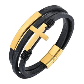 YL Cross Leather Bracelet Stainless Steel Bar Bracelet 18k Gold Multi-Layer Bangle Wrap Jewelry for Men 7.9"