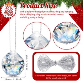 Wettarn 30 Pcs Acrylic Crystal Christmas Balls Ornaments, 1.2" Clear Ornaments Crystal Glass Christmas Diamond Ornaments Raindrops with Silver Thread for Christmas Hanging Decorations