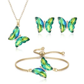 Crysdue Sparkling Cubic Zirconia Butterfly Necklace Stud Earrings Adjustable Slider Bracelet Jewelry Set, Birthday/Valentines/Mothers Day/Christmas Jewellery Gift for Women Green Gold-Tone
