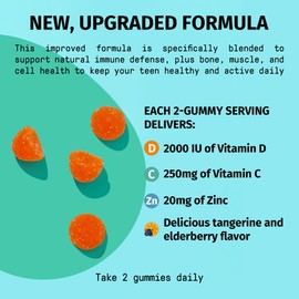 TEJA Immune Support Gummies for Teens with Vitamin D 2000IU, VIT C, Zinc, and Acerola. Low Sugar Supplement, Daily Immunity Multivitamin for Age 12-17 Teenagers to Adults. 60 Gummies