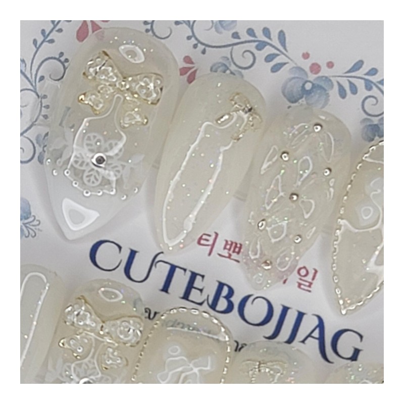 Wedding emboss handmade nail tips - Almond S / 웨딩