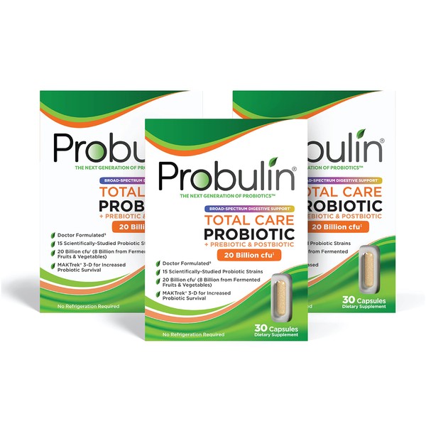 Probulin Total Care = Prebiotics + Probiotics + Postbiotics for Total Gut Health & Immune Support - Shipped Cold & Protected - 20 Billion CFU - 15 Probiotic Strains, 30 Vegan Capsules (Pack of 3)