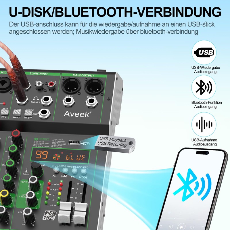 Aveek Audio Mixer,Professional Sound Board Mixing Console with USB Drive/Bluetooth/Computer/4