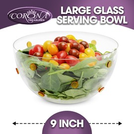 GAC Elegant Large Glass Serving Bowl with Designed with Gold Glass Dots for Stylish Dining– Durable Round Clear Glass Mixing Bowl for Salad or Fruit – Design for Entertaining and Ideal Present- 9 Inch