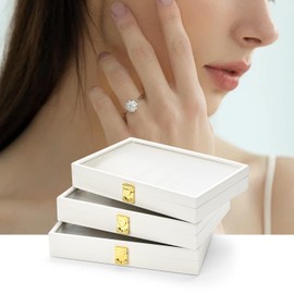 Oirlv White 12 Gird Premium Leather Jewelry Organizer Tray with Clear Lid Lockable Jewelry Box Bangle Holder Box for Women (Creamy-white Interior) 12 Grid