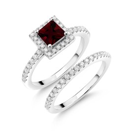 Gem Stone King 925 Sterling Silver Red Garnet and White Moissanite Wedding Engagement Ring Band Bridal Set For Women (1.48 Cttw, Princess Cut 5MM, Gemstone Birthstone, Available in Size 5, 6, 7, 8, 9)