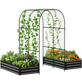 DoCred Galvanized Raised Garden Bed with 87" H Arch Trellis for Climbing Plants, Raised Outdoor Planter Garden Box with Climbing Netting for Gardening, Climbing Vegetables, Flower, Black