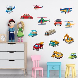 Wall Stickers, Boys Favorite Vehicles Large Collection Train Car Airplane Excavator Helicopter Cartoon Train Wall Decor Children's Room Kindergarten Nursery Wall Decor Waterproof DIY Wallpaper Stick
