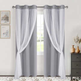DWCN Layered Curtains for Living Room Blackout and Sheer Curtains with Tiebacks Grommet Top Curtain Panel Pair with Sheer Overlay for Bedroom, 38 W by 84 L, Grey