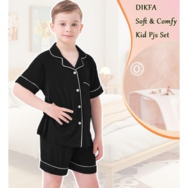 DIKFA Kids Pajamas Girls Boys Button-Down Pjs Short Sleeve Soft Nightwear 2 PCS Loungewear Sets Black 130CM