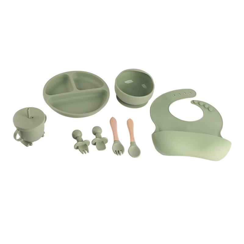 8 Pcs Silicone Baby Feeding Set Bib Suction Plate Bowl