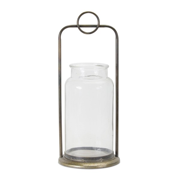Set of Two Bronze Metal and Glass Tabletop Hurricane Candle