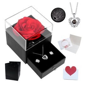Mother's Day Rose Jewelry Gift Box for Mom - "I Love You" in 100 Languages Heart Necklace Set with Red Rose Decor, Romantic Keepsake for Mother's Day, Birthday & Anniversary