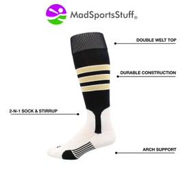 MadSportsStuff Baseball Stirrup Socks 3 Stripe (Black/Vegas Gold/White, Medium)