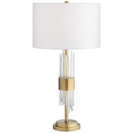 Possini Euro Design Aloise Mid Century Modern Glam Luxury Table Lamp 27.5" Tall Brass Metal Clear Glass Tube White Drum Shade Decor for Living Room Bedroom House Bedside Nightstand Home Office