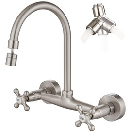 Airuida Wall Mount Kitchen Faucet with Sprayer Wall Mounted Kitchen Sink Faucet Double Cross Handles 360 Degree Swivel Spout Restaurant Mixer Tap Commercial 8 Inch Center Brushed Nickel