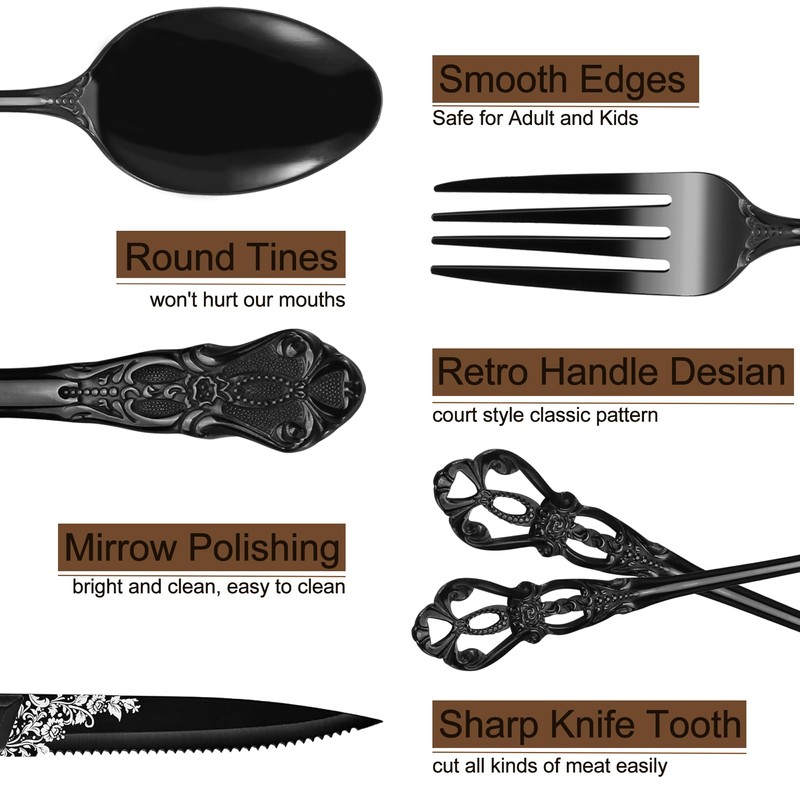 Runfly Retro Royal Black 48 Pieces Flatware Set, Gorgeous Black