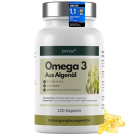 EXVital Omega 3 from Algae Oil, Vegan, 120 Softgel Capsules, 2000 mg Algae Oil with 600 DHA & 300 mg EPA per Day, Derived from Sustainable Algae, High Dose & Laboratory Tested