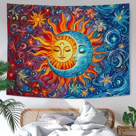 Sun and Moon Tapestry Boho Hippie Orange Red Blue Floral Tapestry for Bedroom Aesthetic Abstract Plant Flowers Stars Small Tapestries Wall Hanging for Living Room Dorm 60 x 44 Inch