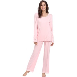 GYS Viscose from Bamboo Women's Pajama Sets Super Soft Long Sleeve Sleepwear Comfy Winter Pjs Sets S-4X, A- Round Neck - Pink, Small
