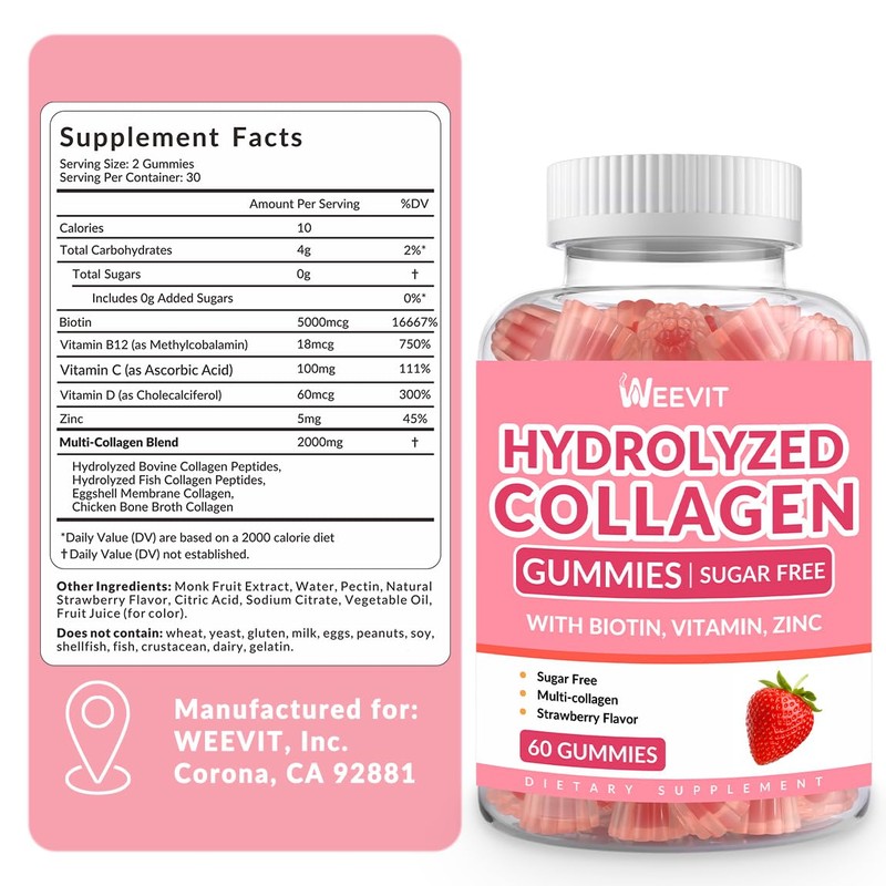 Sugar Free Collagen Gummies for Women, Collagen Protein Type I,II,III,V,X