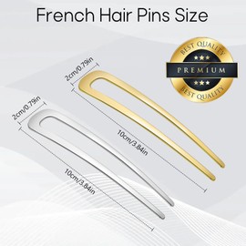 Tokusatsu 2-Pack French Hair Pins, Metal Hair Forks for Women and Girls, U-Shaped Hair Pins for Buns, Long and Thick Hair, Silver and Gold
