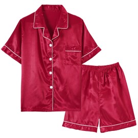 Vopmocld Big Kids Unisex Pjs Set Girls Boys Silk Pajama Sets Satin Clasic Sleepwear Summer 2 Pieces Button Down Nighty, Red 12